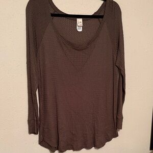 Women's Dk Olive Long Sleeve Waffle Knit Top